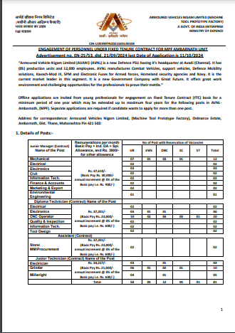 AVNL Junior Manager Recruitment 2024