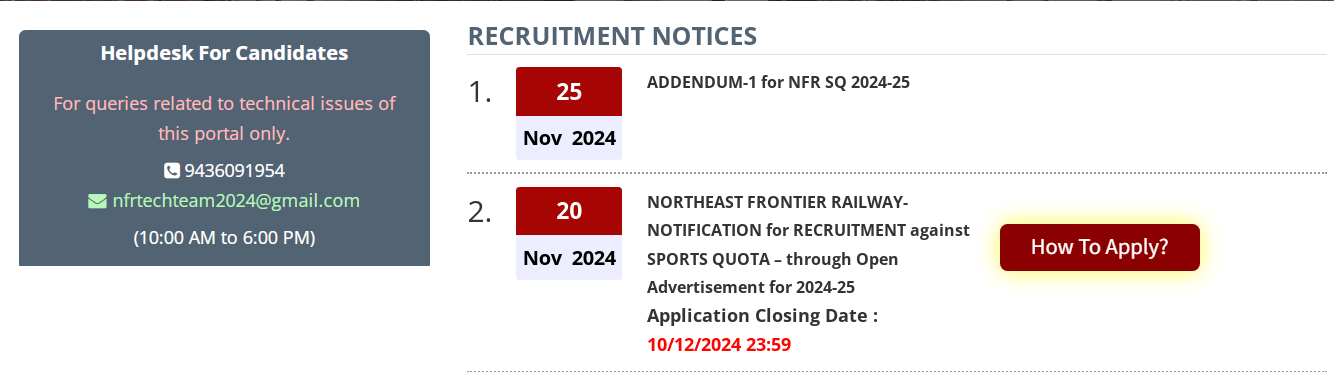 Railway NFR Sports Quota Recruitment 2024