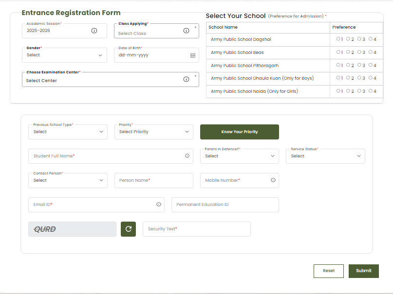 Army Public School Admission 2025-26